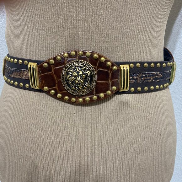 ST MAARTEN Dallas Leather Belt W/Gold Studs & Gold-Tone Lion Head Medallion main image 10